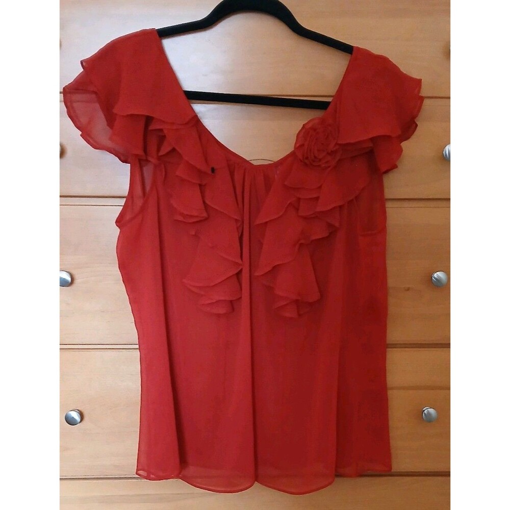 NWT Worthington Womens 2X Red Chiffon Sheer Ruffle V-Neck Blouse Top Sleeveless